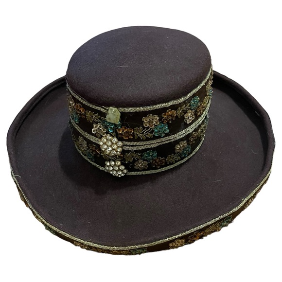 Vintage Whittall & Shon Brown 70s 100% Wool Bedazzled Women Hat - Picture 2 of 4